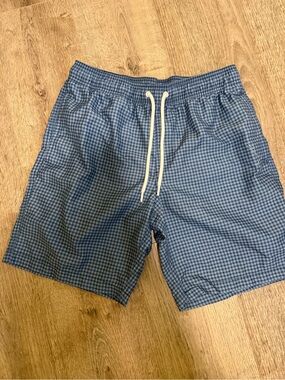 Amazon Essentials Blue Gingham Swim Trunks with Drawstring